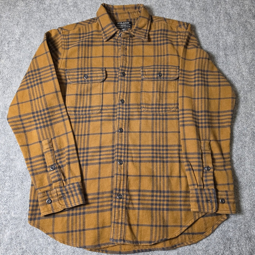 Filson Mens Field Flannel Shirt Ochre Yellow Charcoal Grey Plaid Cotton Medium